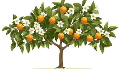 Orange tree blossoms & fruit, orchard, sunny day, healthy growth