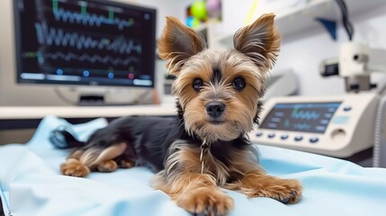Yorkshire Terrier Lying on Operating Table in Veterinary Clinic
