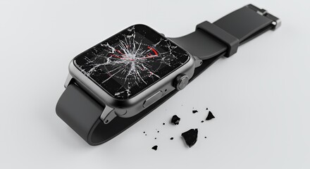 Shattered Black Smart Watch Displaying Extensive Screen Damage Isolated Against a Clean White Studio Background Perfect for Demonstrating Technology Repair and Recycling Concepts