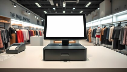 retail store interior, clothing shop, point of sale system, cash register, touchscreen display, modern technology