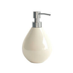 Obraz premium Cream-colored, teardrop-shaped ceramic soap dispenser with a chrome-plated pump. It showcases a clean, modern design suitable for a contemporary bathroom.