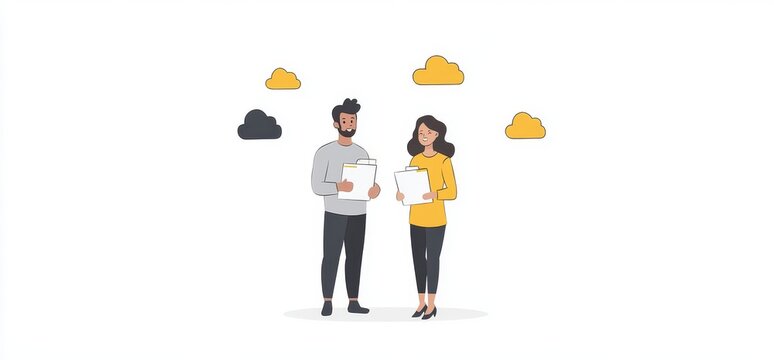 The doodle concept of electronic document management illustrates office workers with laptops, engaged in organizing files and papers, reflecting the importance of business administration and secure