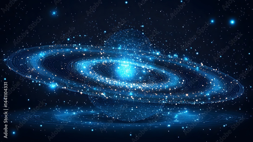 Poster a futuristic, glowing galaxy dominates the scene with bright spirals and a radiant core. a halo and 