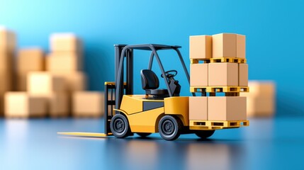 Forklift Lifting Boxes on Pallet with Cardboard Boxes in Background