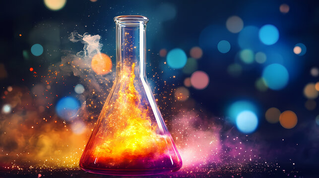 A vibrant reaction occurs within a glass flask, sparks flying as colorful substances mix dramatically. Alchemy Spark. Illustration