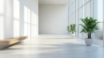 Modern Minimalist White Interior Design Spacious Room Bright Sunlight Wooden Bench Plants Potted Plants Large Windows Clean Lines Contemporary        