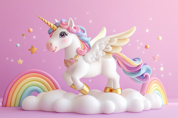 Cute Unicorn on Cloud  Adorable Unicorn as Lovely Background Beautiful Pony with One Unicorn Magical Rainbow Colors in Greeting Card Trendy Illustration of Horse, one Horn