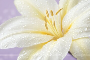 Fototapeta premium Close-up view of a delicate pale yellow lily with water droplets.
