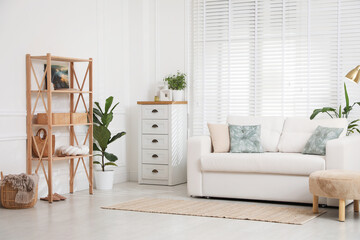 Stylish shelving unit with decor and sofa in room