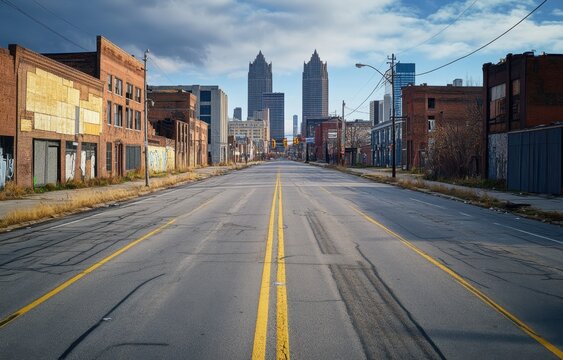 downtown Detroit, empty street with tall buildings in the background, sunny day Generative AI