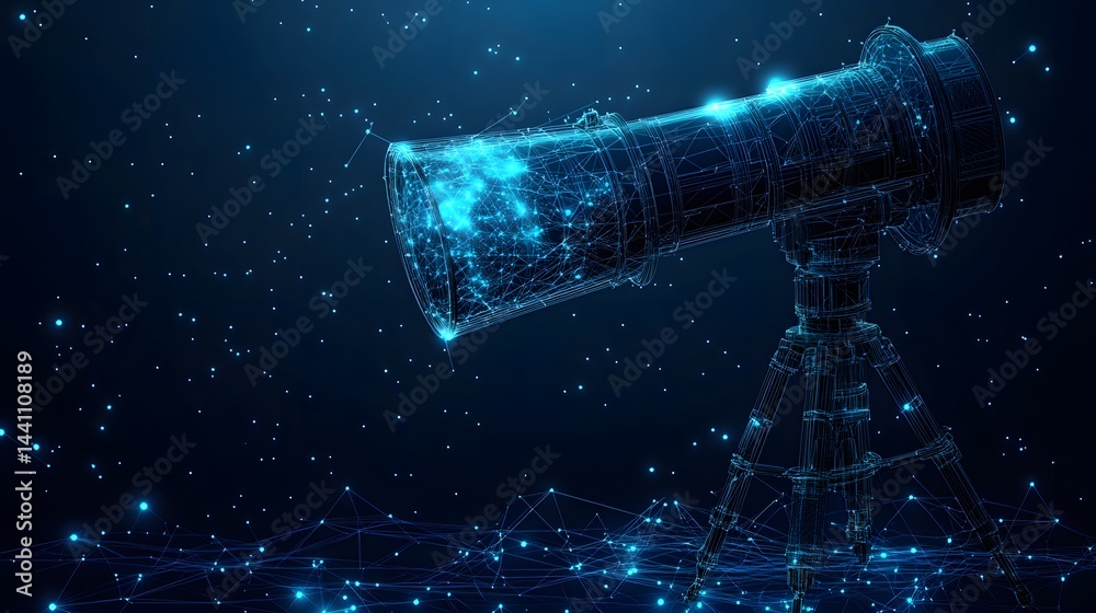 Leinwandbilder Futuristic telescope concept rendered in blue wireframe against a starry backdrop. A digital representation of astronomical observation, capturing a technological edge. Abstract wireframe in dark blue