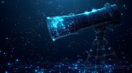 Futuristic telescope concept rendered in blue wireframe against a starry backdrop. A digital representation of astronomical observation, capturing a technological edge. Abstract wireframe in dark blue