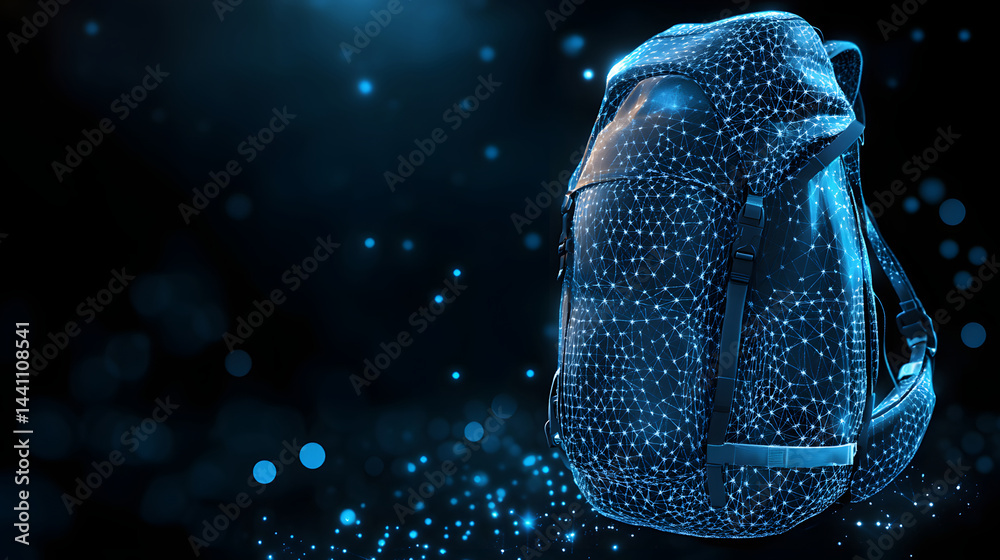 Aufkleber futuristic backpack design with a glowing blue, networked structure. a technological marvel against 