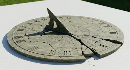 Shattered Stone Sundial Displaying Deep Cracks Isolated Against White Background Depicting Time's Relentless Passage Perfect for Illustrating Impermanence or Environmental Awareness