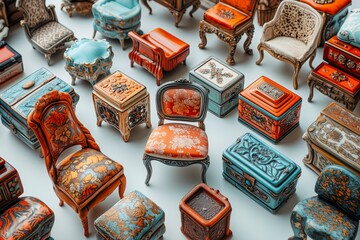 Colorful ornate collection of miniature chairs and decorated storage boxes with intricate patterns and vibrant colors displayed on a light background.