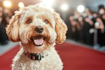 Happy dog on the red carpet with paparazzi in background  
