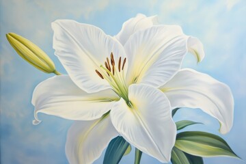 Close-up painting of a single white lily.