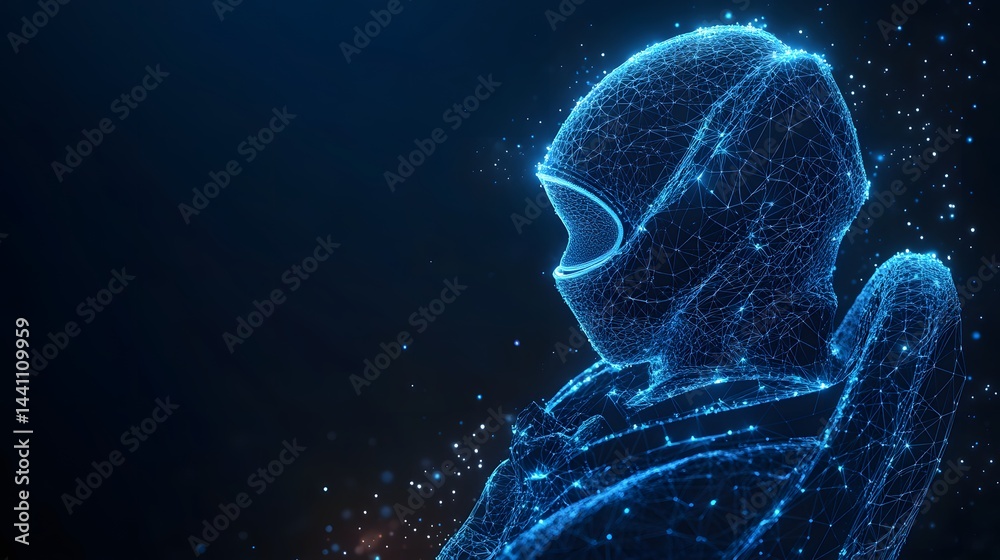 Poster futuristic figure crafted from interconnected blue lines, resembling a racer in digital attire. glow