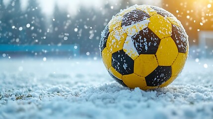 A soccer ball covered in snow on a snowy field.