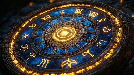 Fototapeta premium Intricate Zodiac Wheel with Glowing Symbols Mystical Astrology Chart Concept