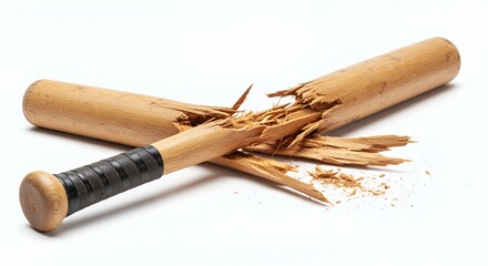 Shattered Wooden Baseball Bat Splintered After Impact Isolated on White Background With a Black Grip Perfect for Advertising Decoration and Promoting Environmental Awareness