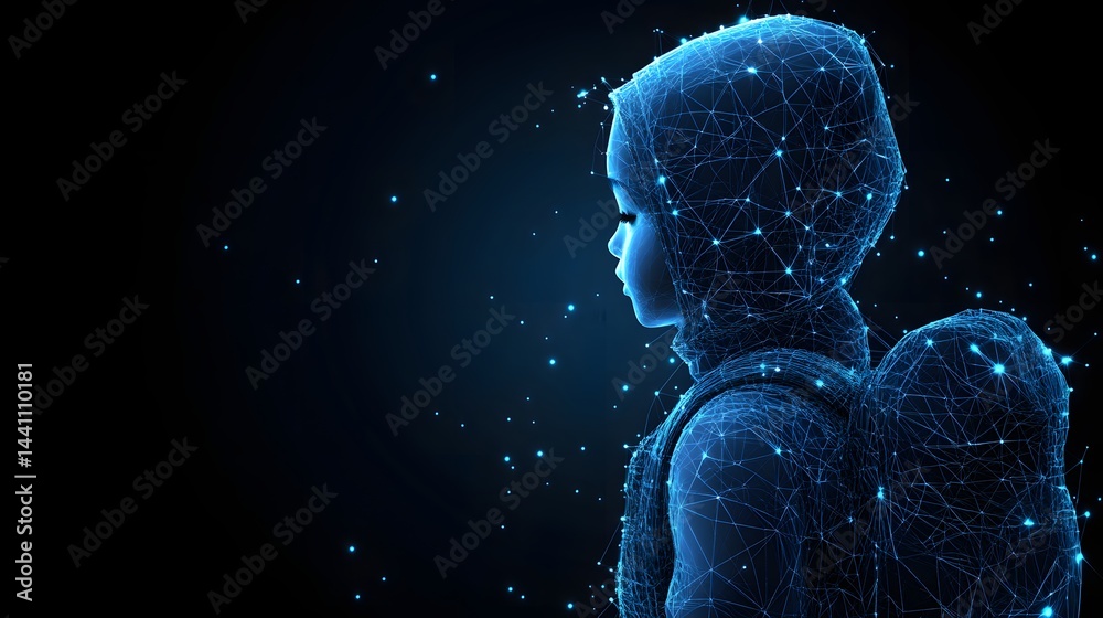 Poster Futuristic digital rendering of a person with a headscarf and backpack, made of interconnected blue lines and glowing dots against a dark backdrop. Abstract wireframe in dark blue.