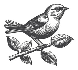 Vintage Hand Drawn Illustration of a Bird Perched on a Branch