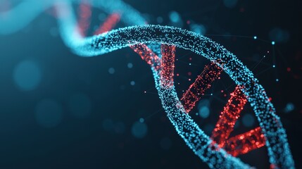 Futuristic red and blue dna helix rotating on dark background