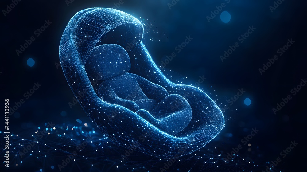 Aufkleber digital rendering of a fetus in utero, using a blue wireframe design. represents pregnancy, technolo