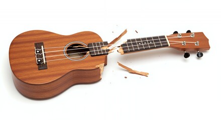 Fototapeta premium Snaped Ukulele with Severed Nylon Strings on White Background for Ads and Promotions with Space for Advertisement Perfect for Music and Recycle Concept