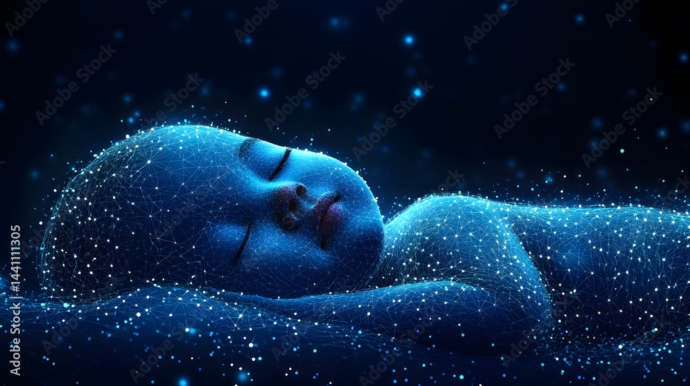Fototapete digital representation of a sleeping figure, composed of interconnected blue lines and white nodes a