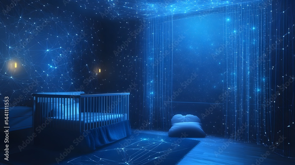 Poster a dreamlike nursery bathed in soft blue light, featuring a crib, constellation patterns, and etherea