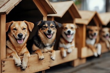 Happy dogs peeking out of their wooden doghouses  
