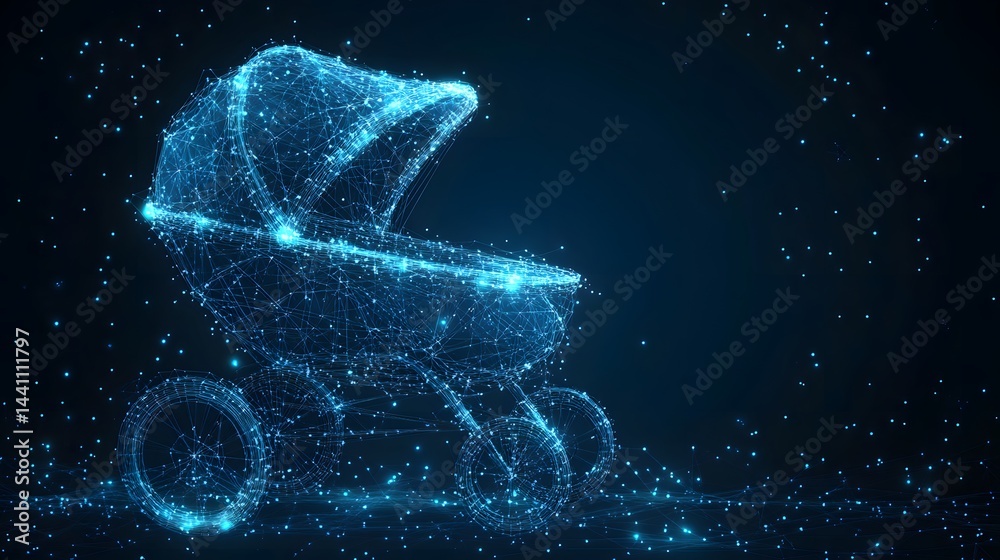 Aufkleber futuristic baby carriage crafted in a wireframe style against a dark blue backdrop. glowing dots enh