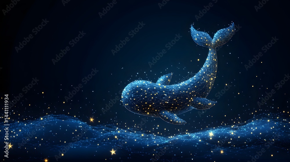 Fototapete digital whale art featuring a low-poly design with blue lines and yellow dots against a dark blue ba