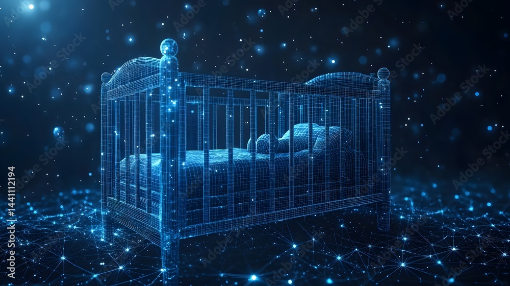 Aufkleber futuristic baby crib depicted in a wireframe design with glowing blue lines. a digital terrain and g
