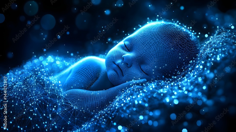 Poster a sleeping baby is depicted in a blue wireframe mesh, set against a dark background with glowing blu