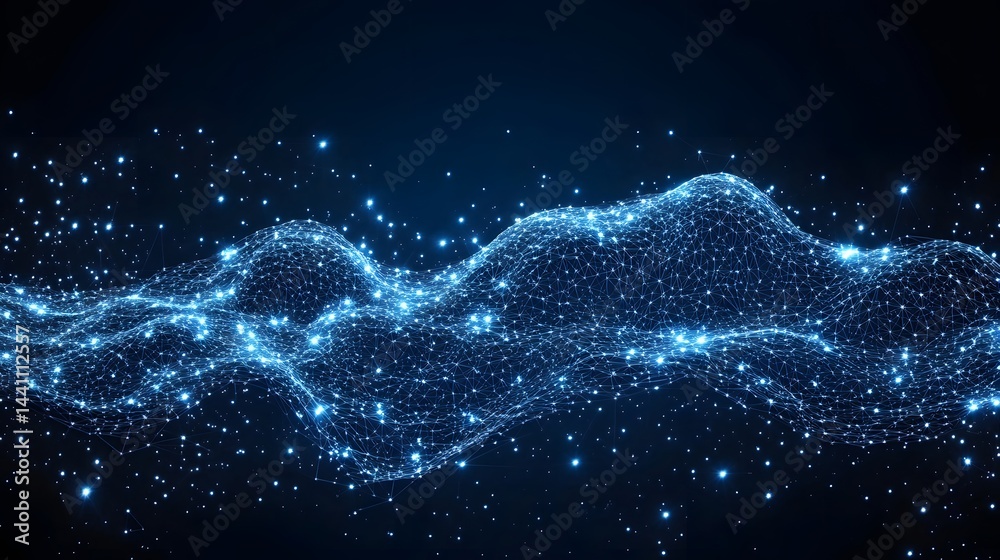 Poster A luminous network of nodes interconnected by soft blue lines creates a topographical or neural map. The undulation suggests depth, set against a dark backdrop. Abstract wireframe in dark blue.