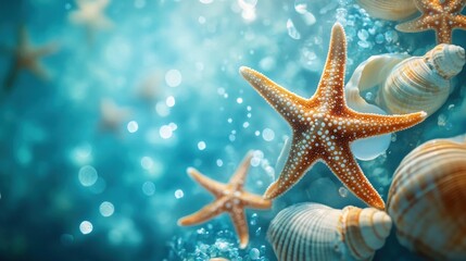 Starfish and seashells underwater, ocean background, summer vacation