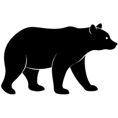 A black silhouette of a bear walking, shown in profile