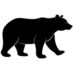 A black silhouette of a bear walking, shown in profile