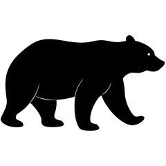 A black silhouette of a bear walking, shown in profile