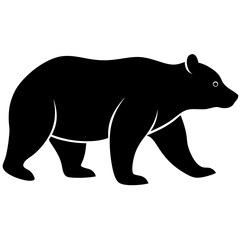 A black silhouette of a bear walking, shown in profile