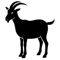 A black silhouette of a goat standing in profile, with curved horns and a short tail