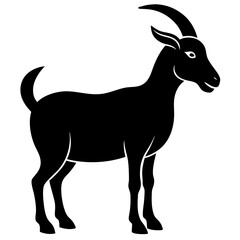 A black silhouette of a goat standing in profile, with curved horns and a short tail