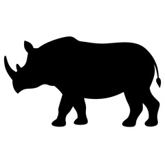 A black silhouette of a rhinoceros walking, shown in profile, with a large body, short legs, and a prominent horn