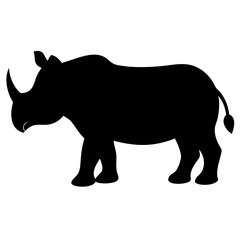 A black silhouette of a rhinoceros walking, shown in profile, with a large body, short legs, and a prominent horn