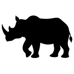 A black silhouette of a rhinoceros walking, shown in profile, with a large body, short legs, and a prominent horn