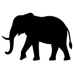 A black silhouette of an elephant walking, shown in profile, with a long trunk and large ears
