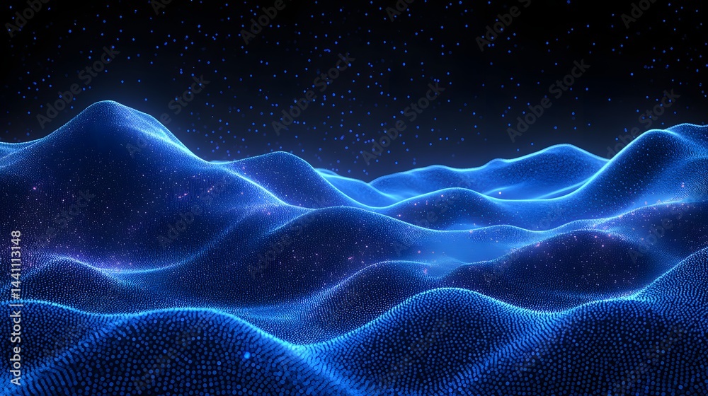 Poster Abstract digital landscape with glowing blue dots forming wavy terrain under a starlit sky. Purple highlights add depth to this data visualization. Abstract wireframe in dark blue.